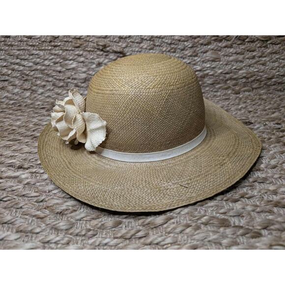Womens Brown Straw Wide Brim Panama Hat w/ Ribbon & Flower Accent BOHO Size M - Picture 5 of 10